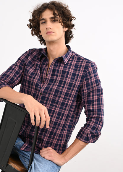 Indigo-Dyed 100% Cotton Check Shirt Pink