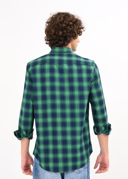 Indigo-Dyed 100% Cotton Check Shirt Green
