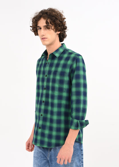 Indigo-Dyed 100% Cotton Check Shirt Green