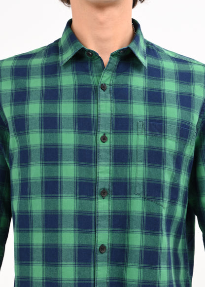 Indigo-Dyed 100% Cotton Check Shirt Green