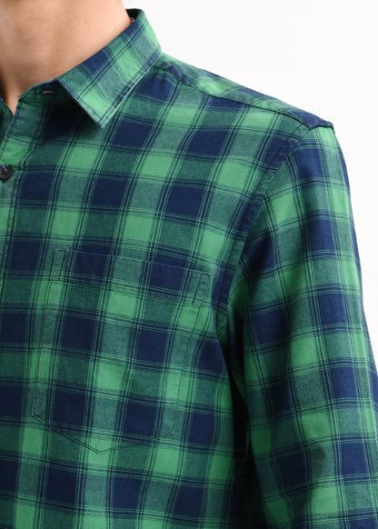 Indigo-Dyed 100% Cotton Check Shirt Green