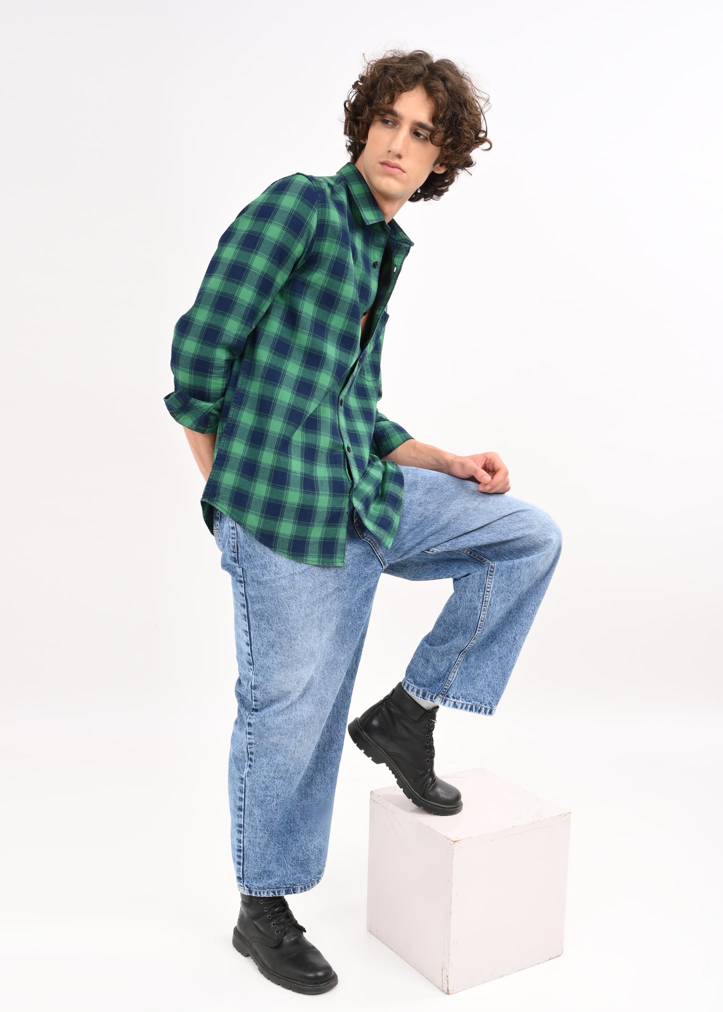 Indigo-Dyed 100% Cotton Check Shirt Green