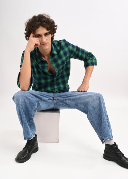 Indigo-Dyed 100% Cotton Check Shirt Green