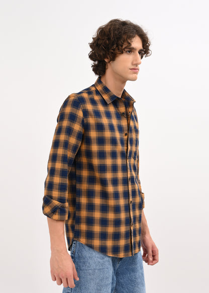 Indigo-Dyed 100% Cotton Check Shirt Musted