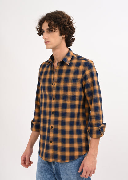 Indigo-Dyed 100% Cotton Check Shirt Musted