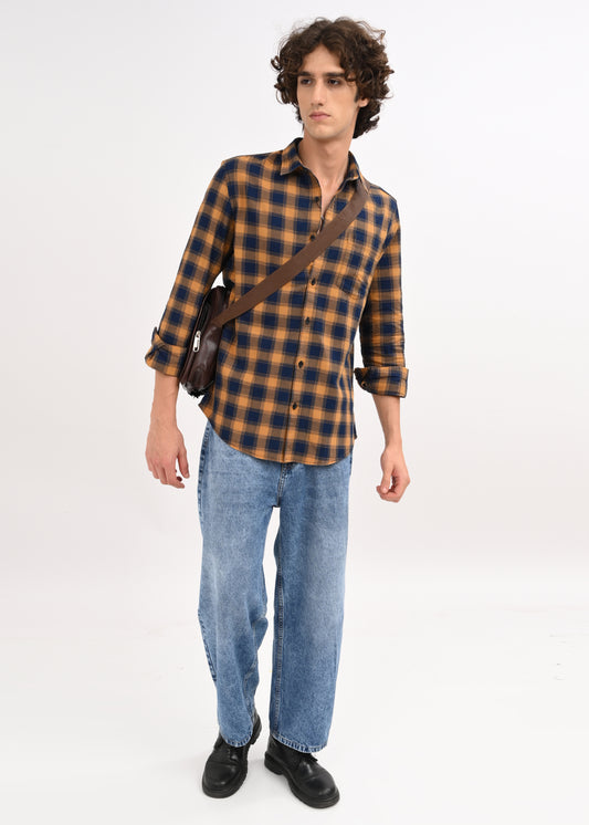 Indigo-Dyed 100% Cotton Check Shirt Musted