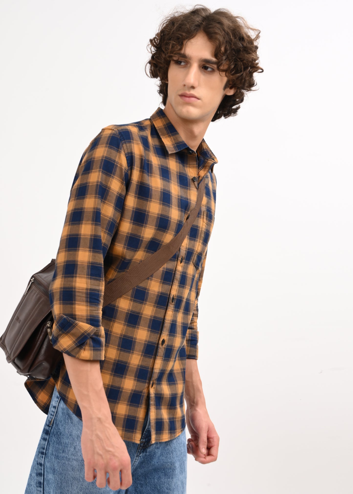 Indigo-Dyed 100% Cotton Check Shirt Musted