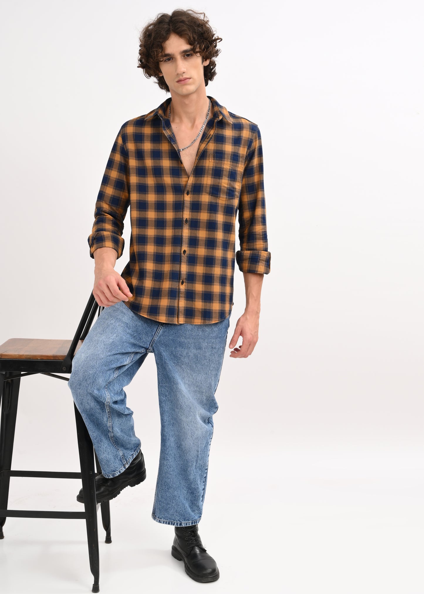 Indigo-Dyed 100% Cotton Check Shirt Musted