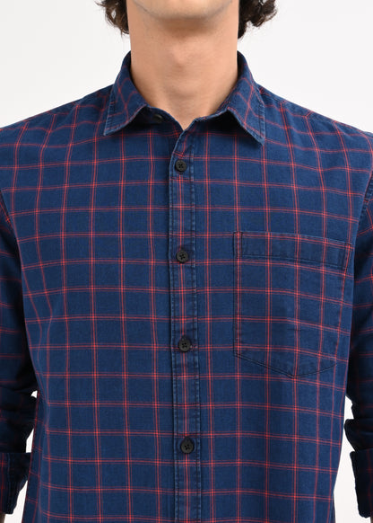Indigo-Dyed 100% Cotton Check Shirt Red