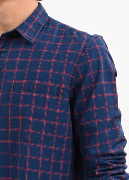 Indigo-Dyed 100% Cotton Check Shirt Red