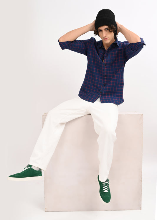 Indigo-Dyed 100% Cotton Check Shirt Red