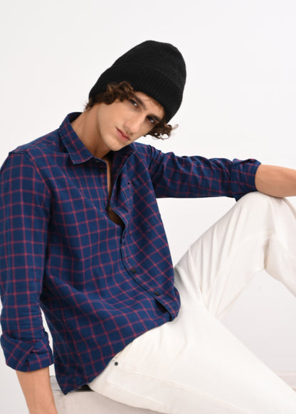 Indigo-Dyed 100% Cotton Check Shirt Red