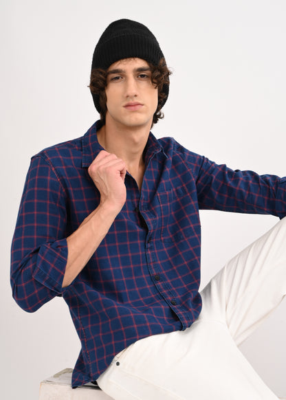Indigo-Dyed 100% Cotton Check Shirt Red