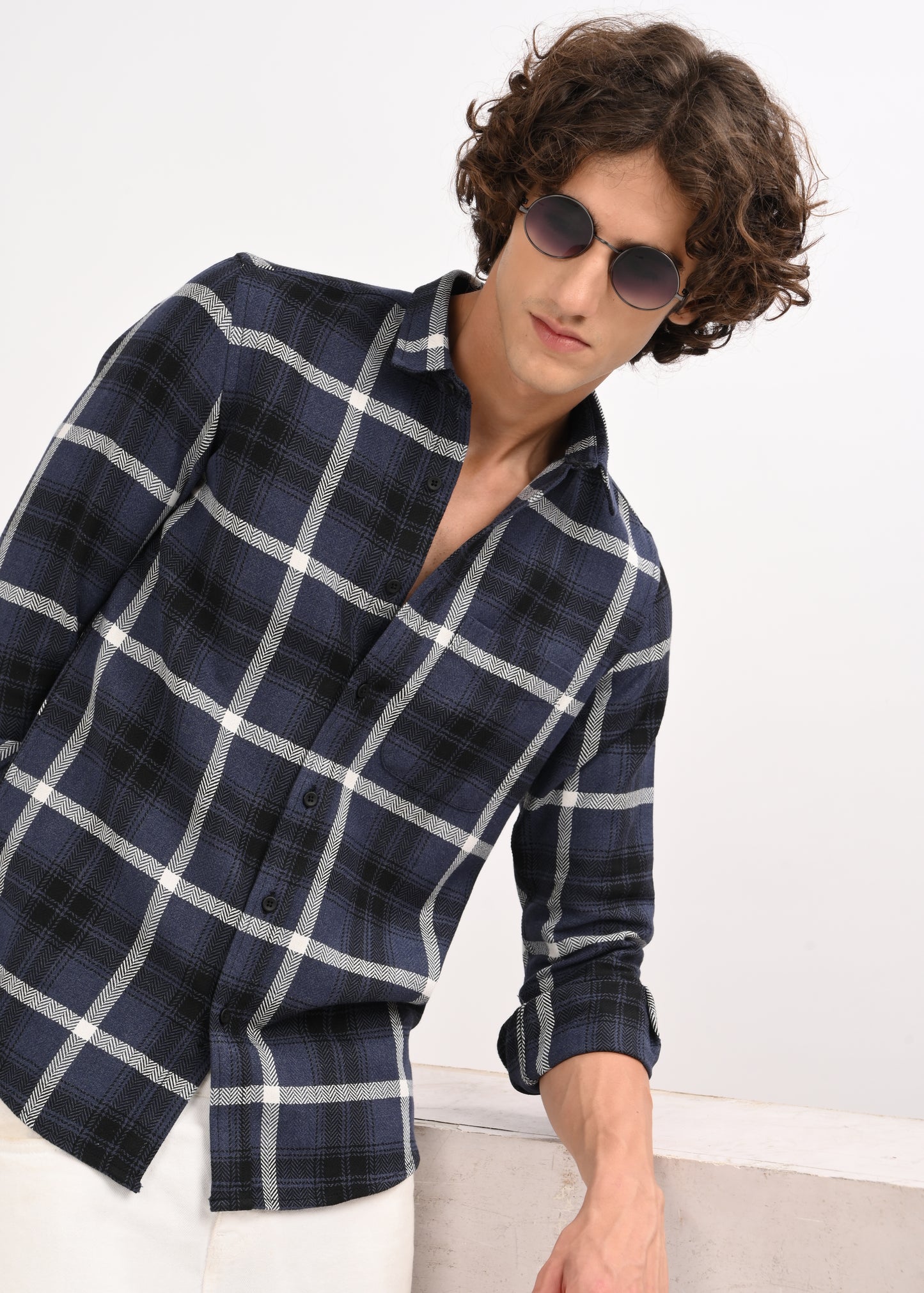 Check Shirt in Poly Cotton Navy