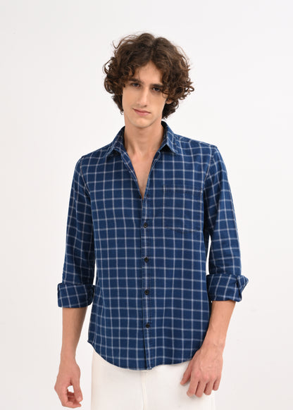 Indigo-Dyed 100% Cotton Check Shirt Navy White