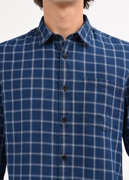 Indigo-Dyed 100% Cotton Check Shirt Navy White
