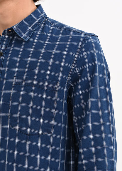 Indigo-Dyed 100% Cotton Check Shirt Navy White