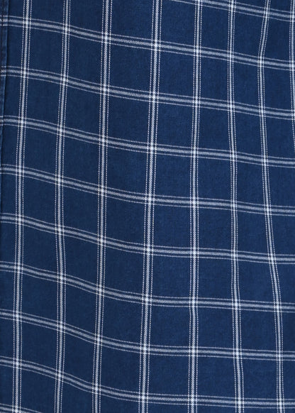 Indigo-Dyed 100% Cotton Check Shirt Navy White