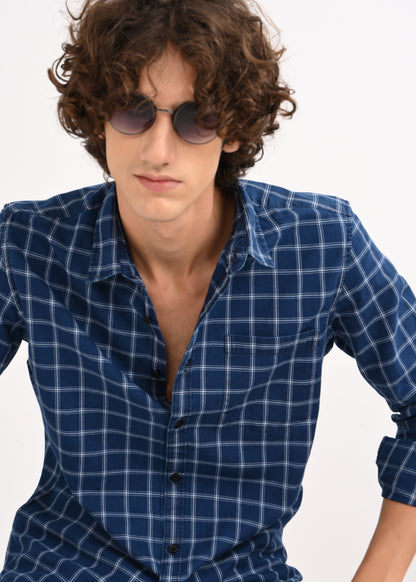 Indigo-Dyed 100% Cotton Check Shirt Navy White