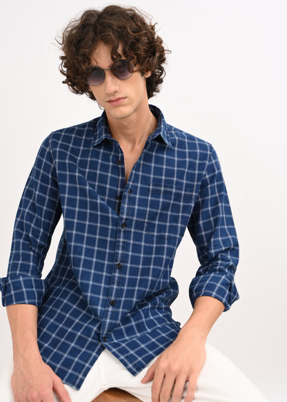 Indigo-Dyed 100% Cotton Check Shirt Navy White