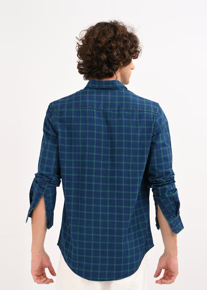 Indigo-Dyed 100% Cotton Check Shirt Navy