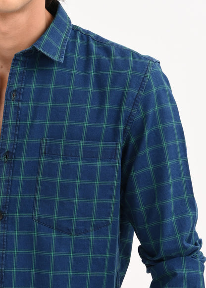 Indigo-Dyed 100% Cotton Check Shirt Navy