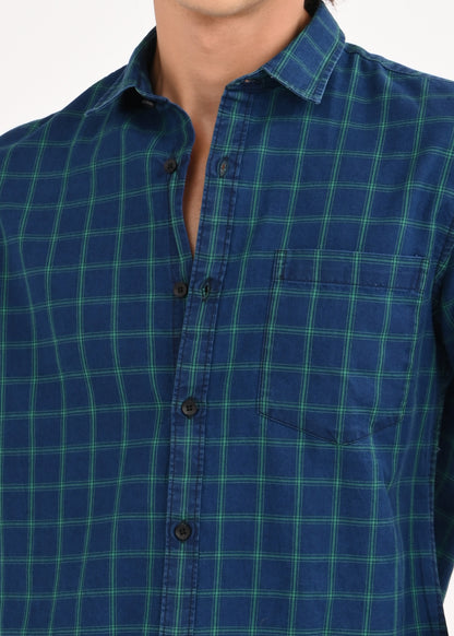 Indigo-Dyed 100% Cotton Check Shirt Navy