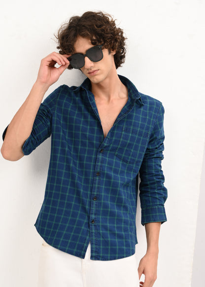 Indigo-Dyed 100% Cotton Check Shirt Navy