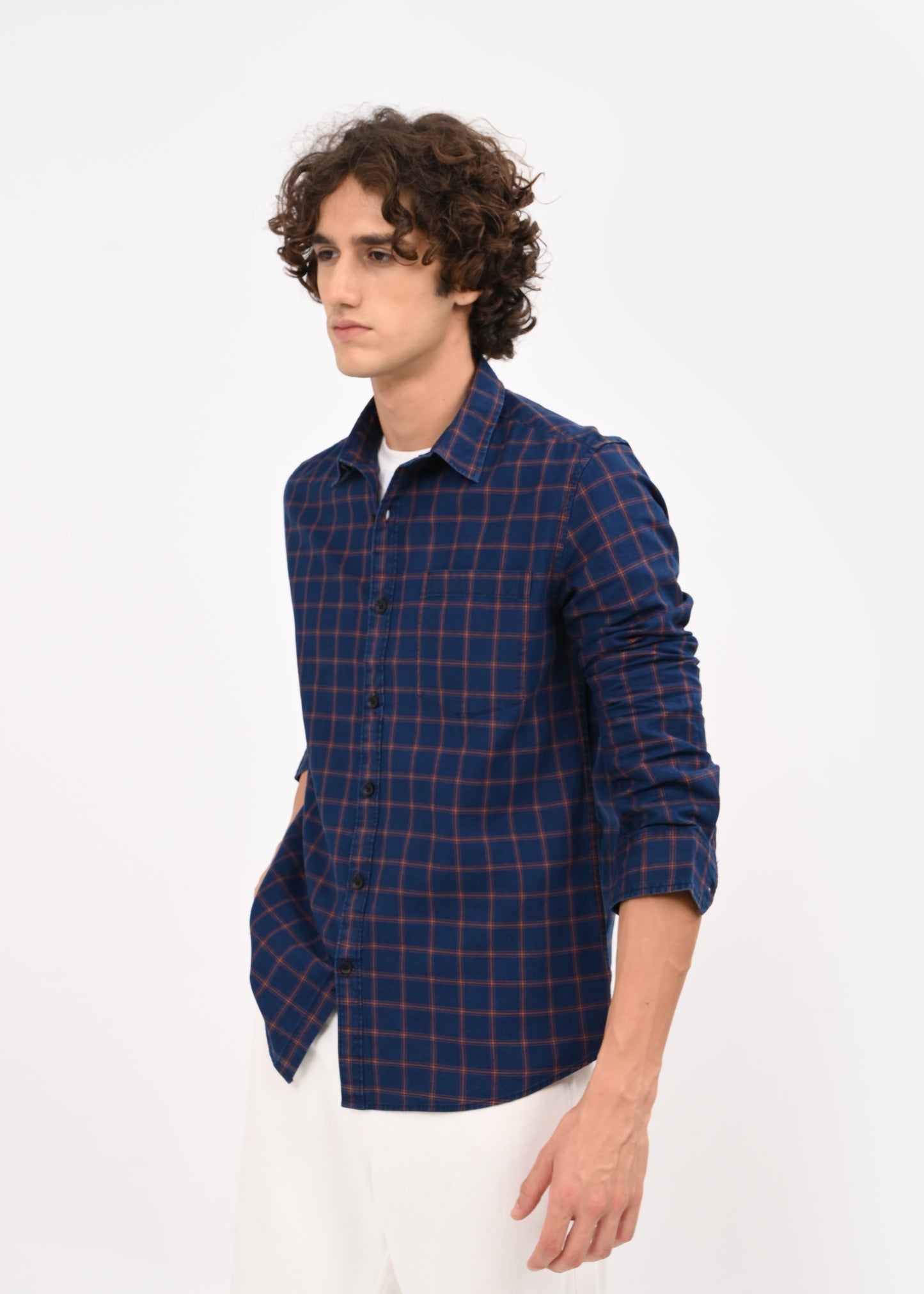 Indigo-Dyed 100% Cotton Check Shirt Navy