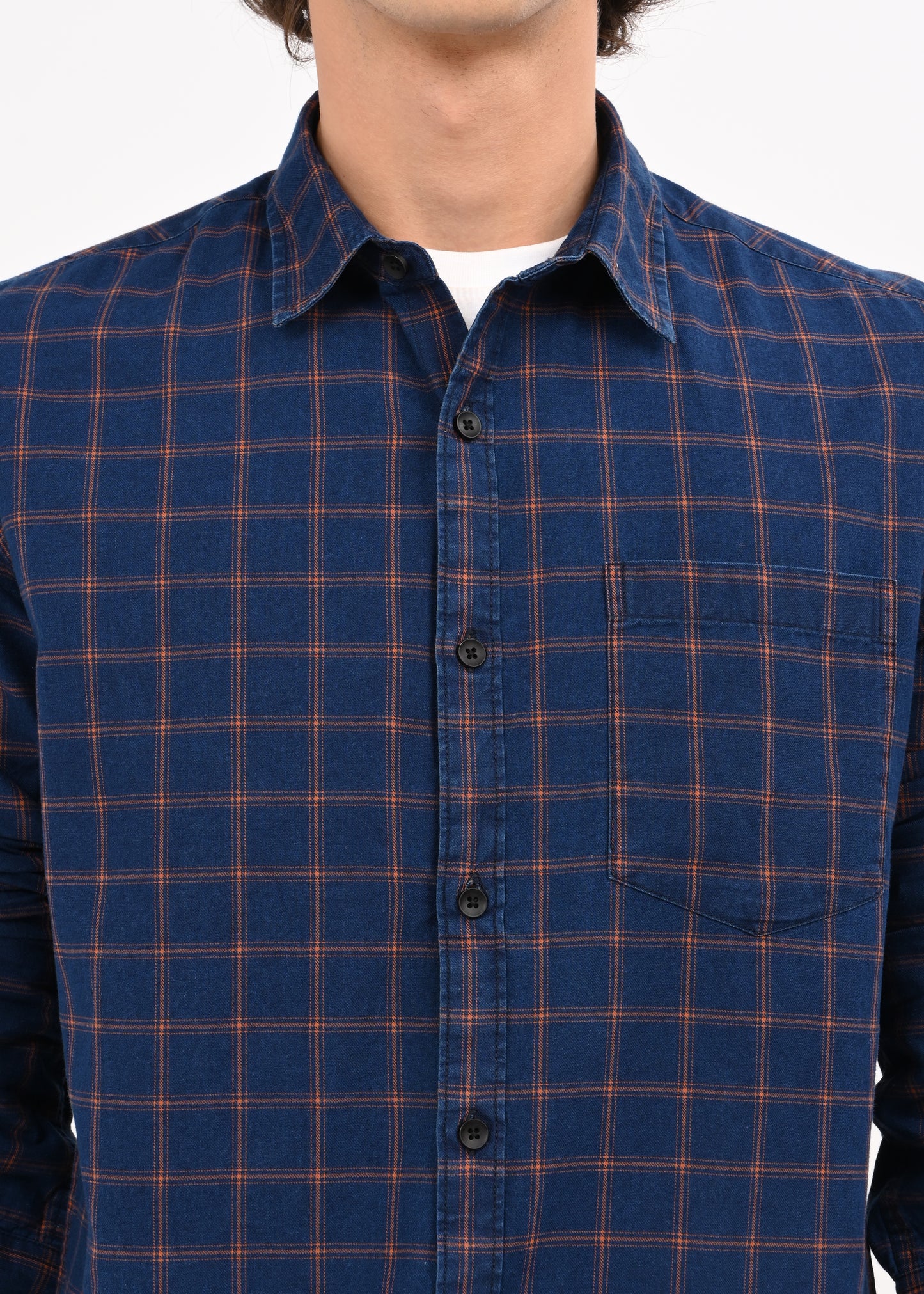 Indigo-Dyed 100% Cotton Check Shirt Navy