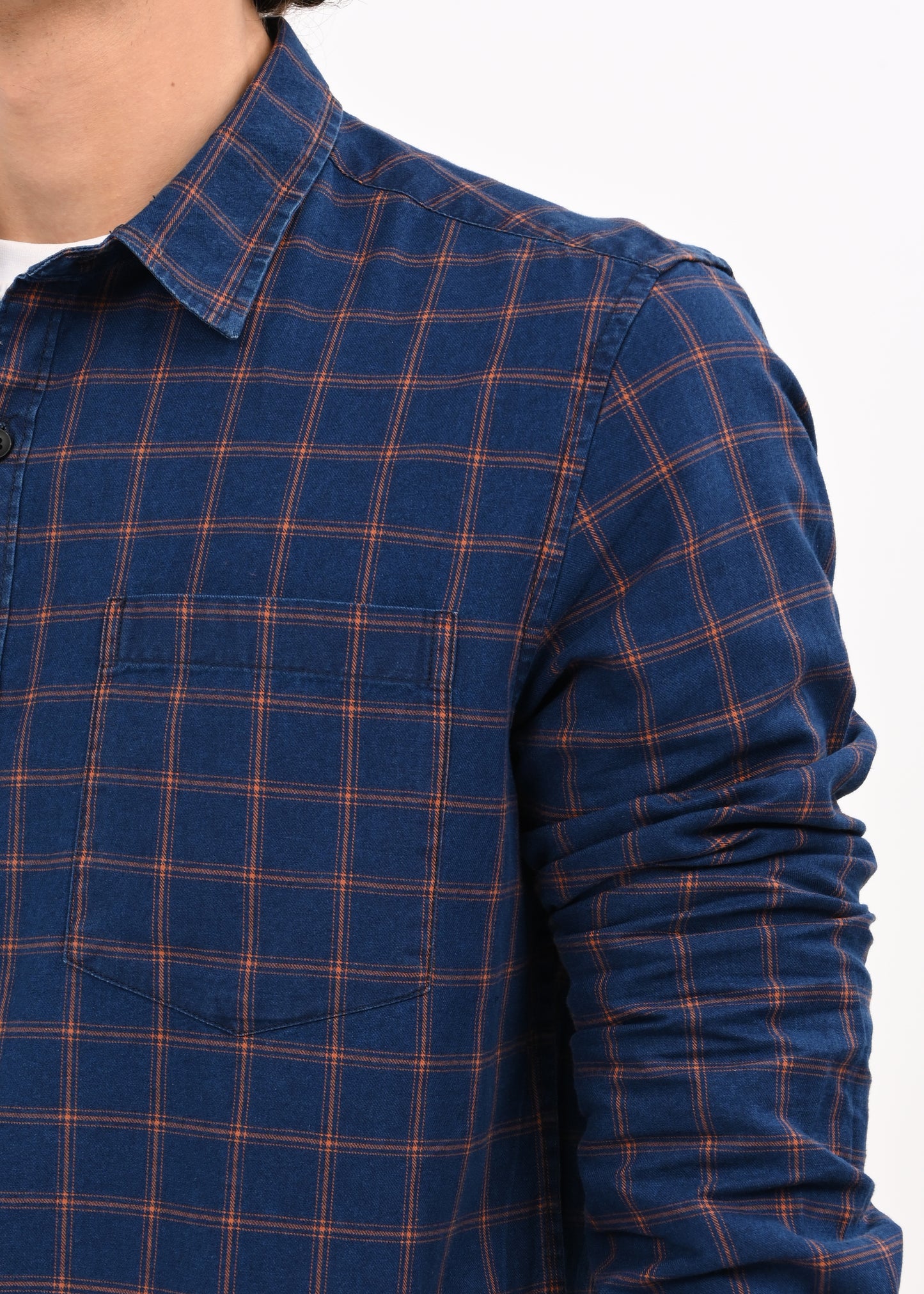Indigo-Dyed 100% Cotton Check Shirt Navy