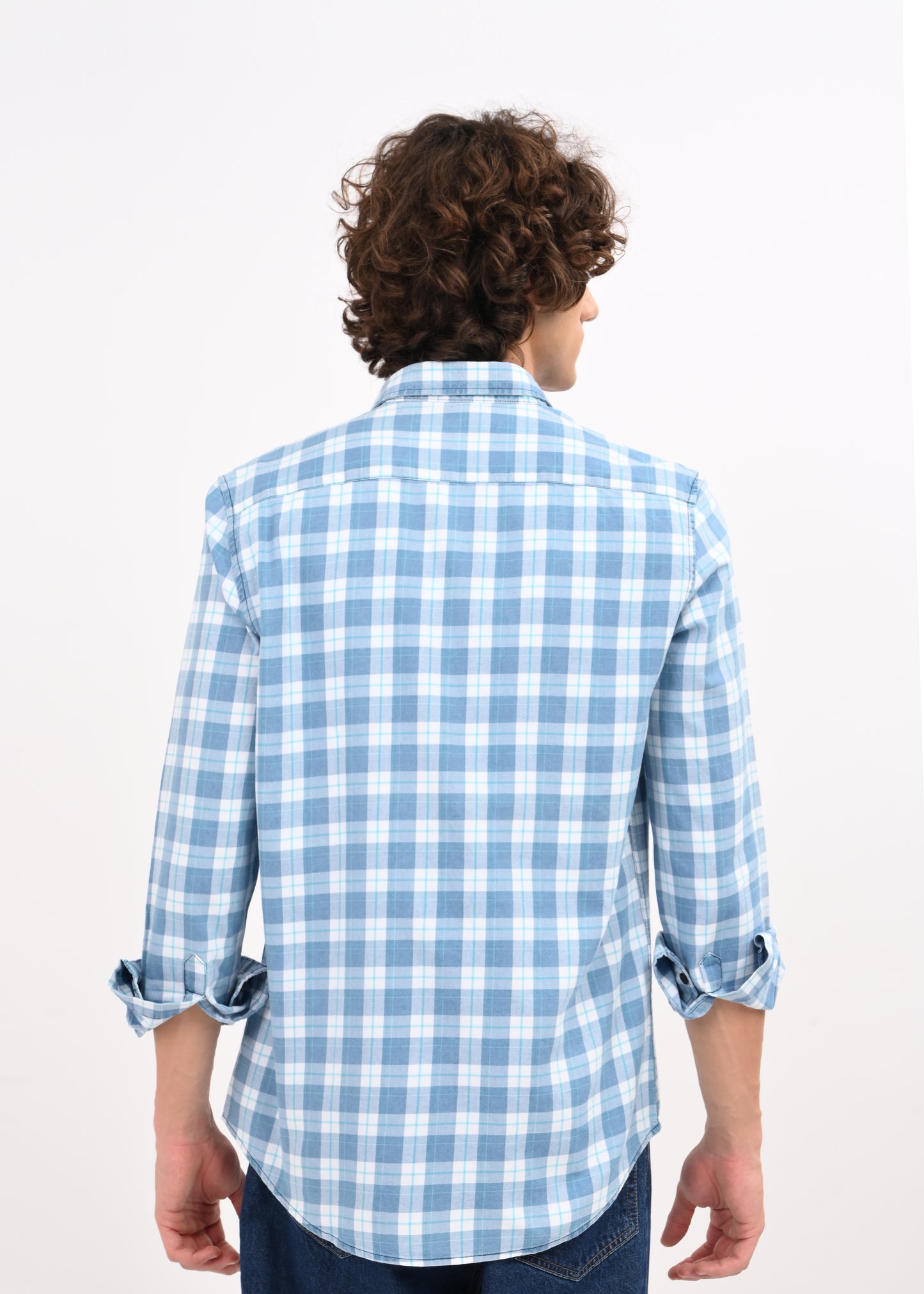 Indigo-Dyed 100% Cotton Check Shirt Dk Blue