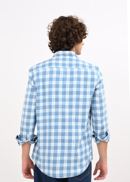 Indigo-Dyed 100% Cotton Check Shirt Dk Blue