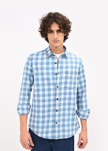 Indigo-Dyed 100% Cotton Check Shirt Dk Blue