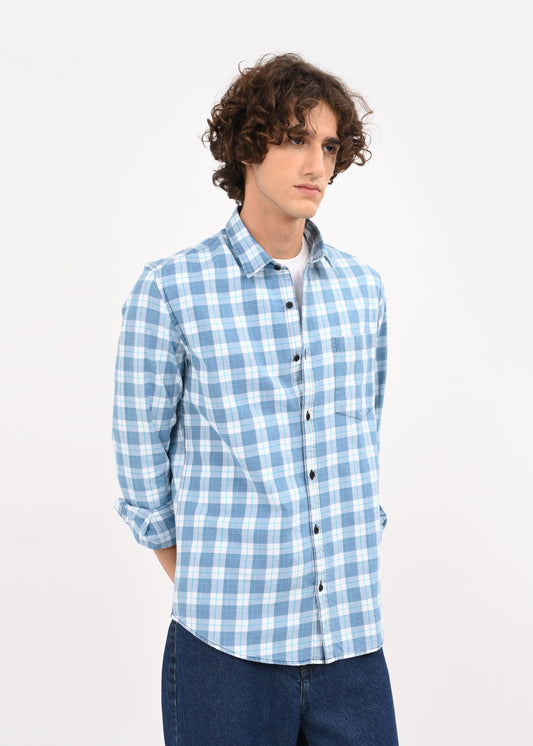 Indigo-Dyed 100% Cotton Check Shirt Dk Blue