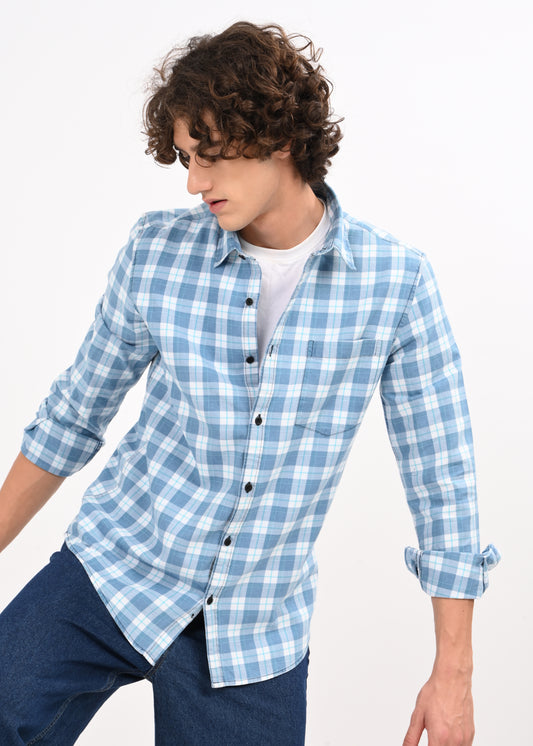 Indigo-Dyed 100% Cotton Check Shirt Dk Blue