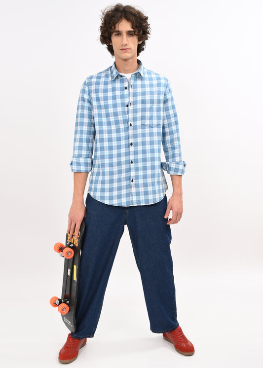 Indigo-Dyed 100% Cotton Check Shirt Dk Blue