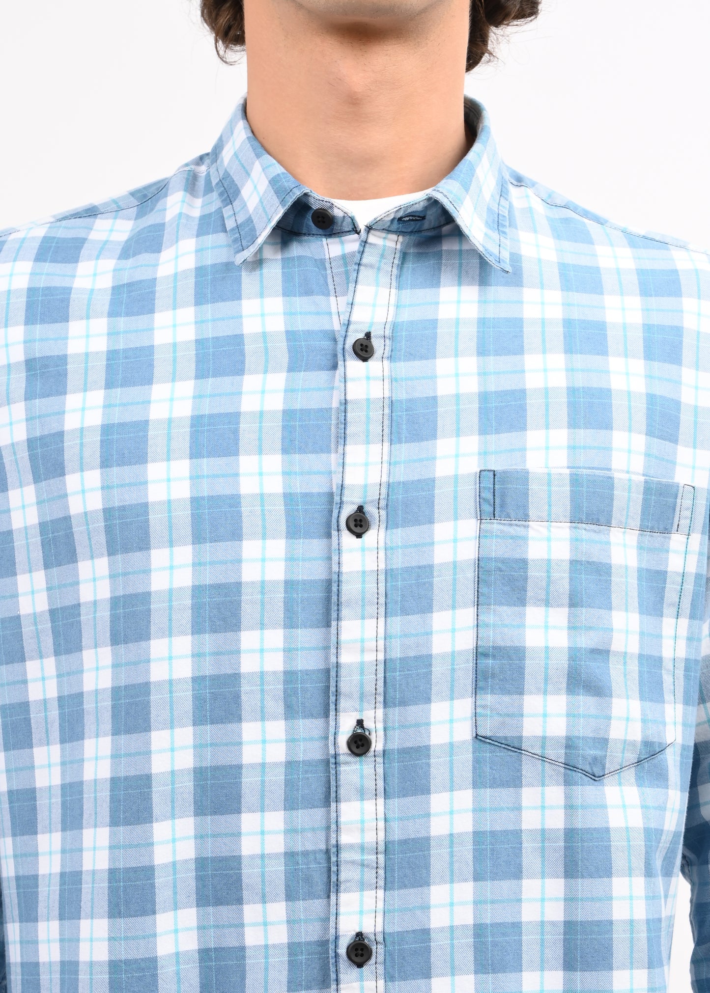 Indigo-Dyed 100% Cotton Check Shirt Dk Blue