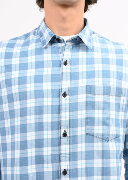 Indigo-Dyed 100% Cotton Check Shirt Dk Blue