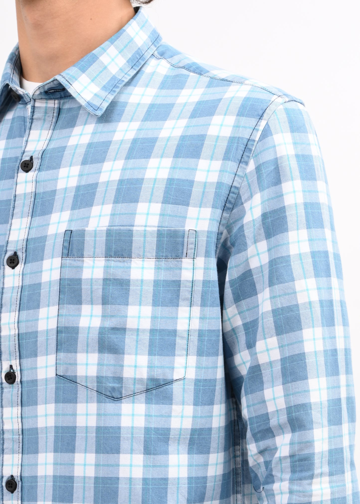 Indigo-Dyed 100% Cotton Check Shirt Dk Blue