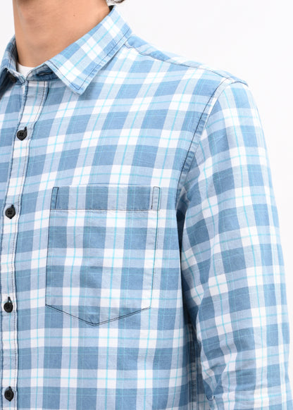 Indigo-Dyed 100% Cotton Check Shirt Dk Blue
