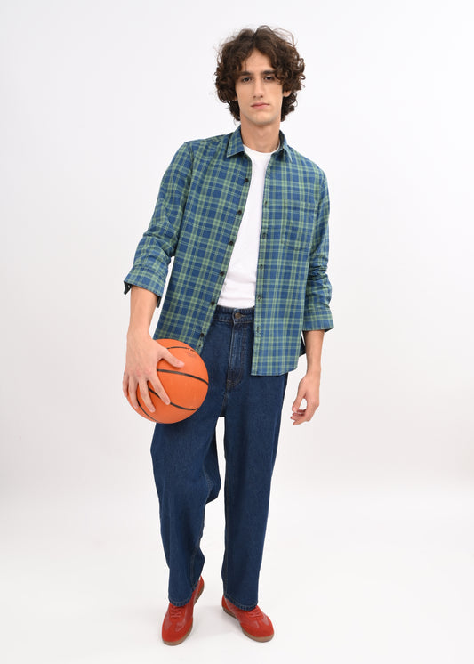 Indigo-Dyed 100% Cotton Check Shirt Green