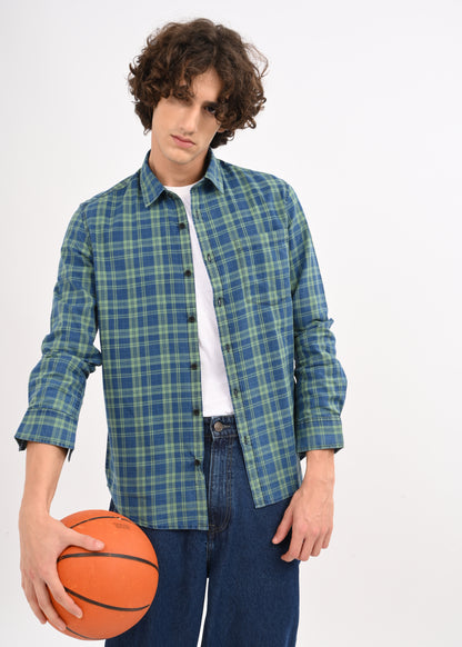 Indigo-Dyed 100% Cotton Check Shirt Green