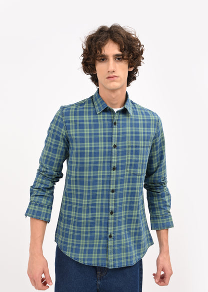 Indigo-Dyed 100% Cotton Check Shirt Green