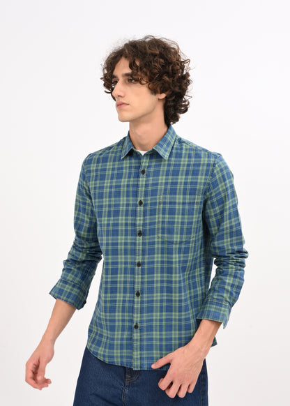 Indigo-Dyed 100% Cotton Check Shirt Green