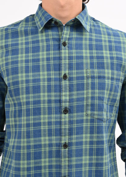 Indigo-Dyed 100% Cotton Check Shirt Green