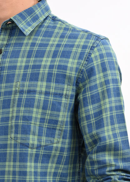 Indigo-Dyed 100% Cotton Check Shirt Green