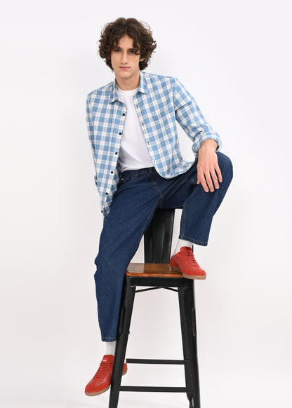 Indigo-Dyed 100% Cotton Check Shirt White