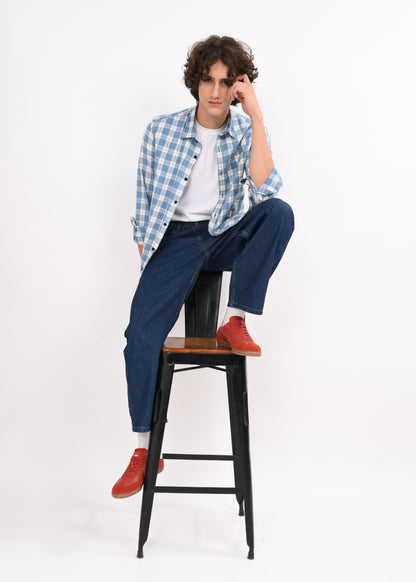 Indigo-Dyed 100% Cotton Check Shirt White