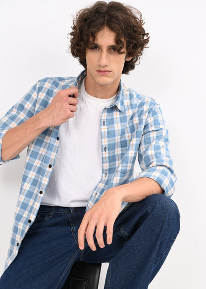Indigo-Dyed 100% Cotton Check Shirt White
